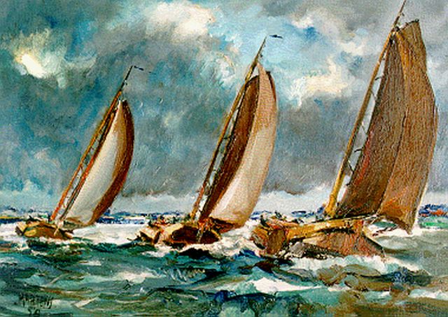 George Martens | Skûtsjesilen, Pikmeer, olieverf op doek, 50,1 x 70,0 cm, gesigneerd l.o. en gedateerd '54