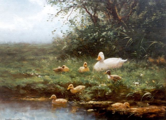 Constant Artz | Moedereend en kuikens aan de slootkant, olieverf op paneel, 24,2 x 32,5 cm, gesigneerd l.o.