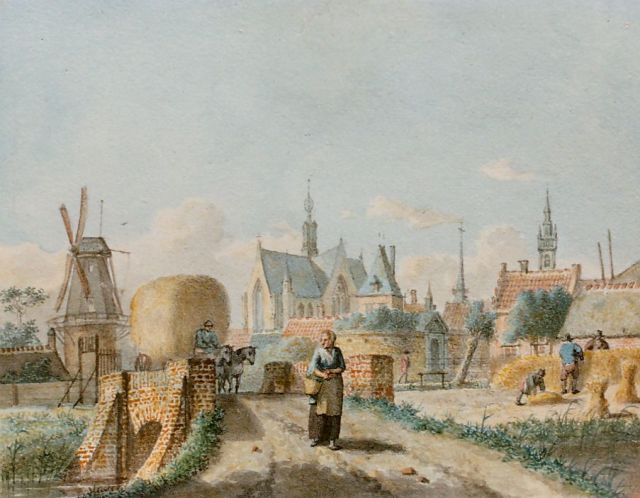 Johannes Huibert Prins | Het binnenhalen van het hooi, aquarel op papier, 8,5 x 10,1 cm, gesigneerd achterzijde en gedateerd 1791