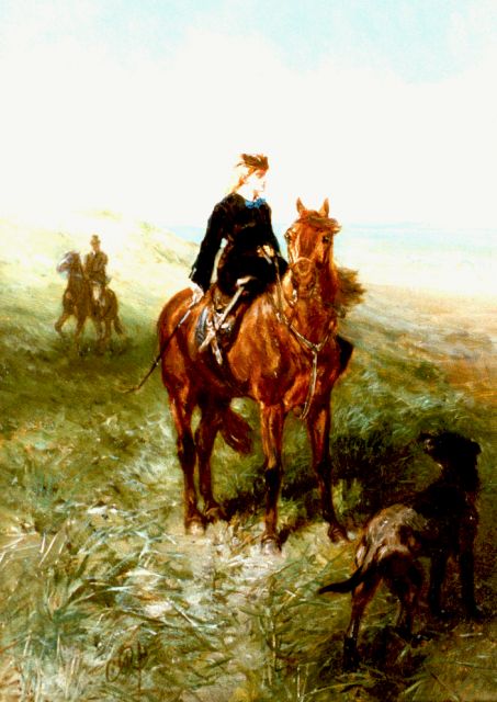 Charles Rochussen | Amazone in de duinen, olieverf op paneel, 21,5 x 15,6 cm, gesigneerd l.o. met monogram