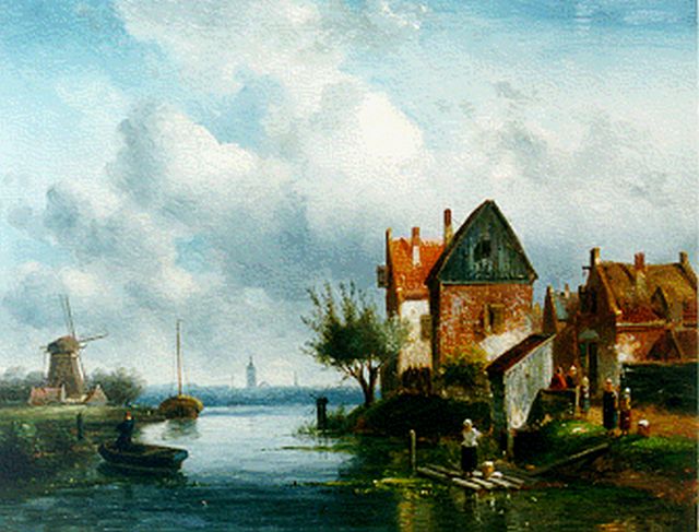 Charles Leickert | Zomers dorpsgezicht met wasvrouwen, olieverf op paneel, 31,4 x 40,5 cm, gesigneerd l.o. + r.o. (resten)