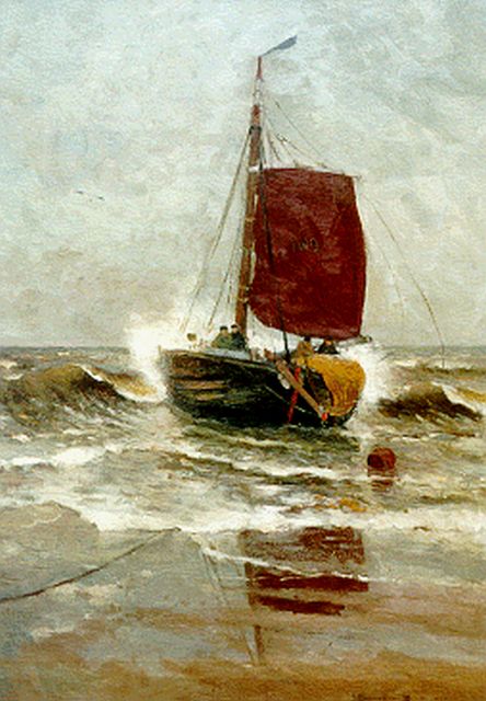 Morgenstjerne Munthe | Een bomschuit in de branding, olieverf op doek, 100,6 x 70,3 cm, gesigneerd r.o. en gedateerd 1907