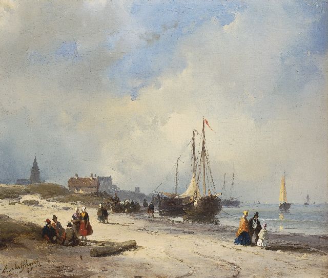 Andreas Schelfhout | Vissersvolk en elegante wandelaars bij Scheveningen, olieverf op paneel, 19,0 x 22,4 cm, gesigneerd l.o. en gedateerd '48