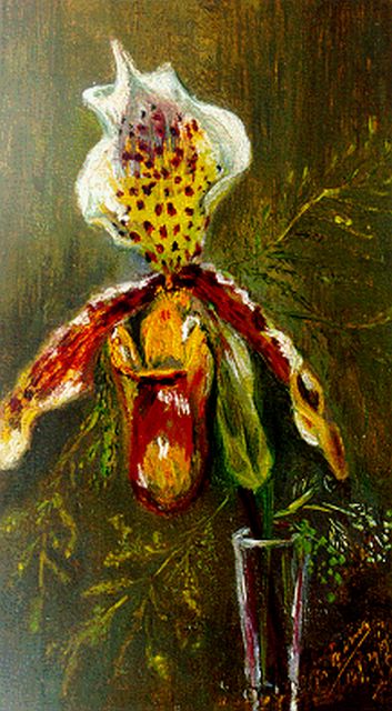 Mies Maris | Orchideeën, olieverf op doek op schildersboard, 22,0 x 12,7 cm, gesigneerd r.o. en gedateerd 12/1/1939