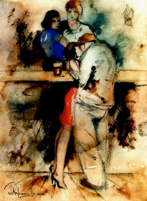 Jan Rijlaarsdam | Aan de bar, zwart krijt en aquarel op papier, 35,0 x 27,0 cm, gesigneerd l.o.