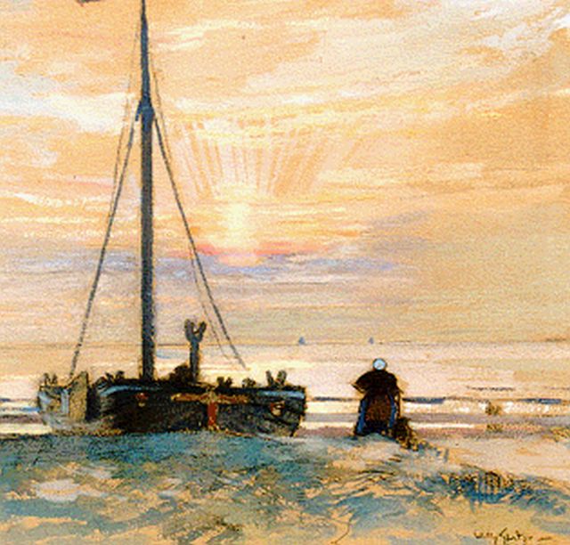 Willy Sluiter | Bom op het strand, zwart krijt en aquarel op papier, 29,5 x 37,0 cm, gesigneerd r.o.