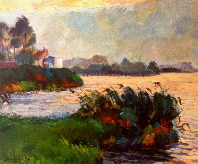 Jan van der Bij | Fries landschap, olieverf op doek, 49,8 x 60,3 cm, gesigneerd l.o. + verso op etik en gedateerd 1951