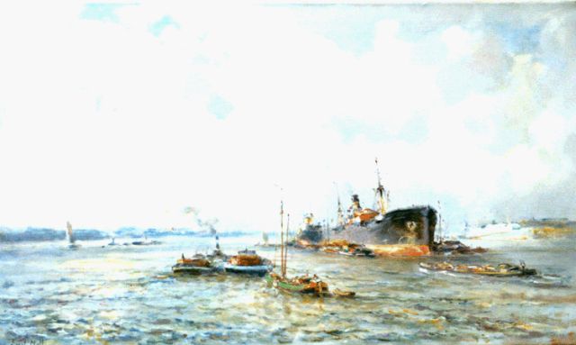 Evert Moll | Gezicht op de Rotterdamse haven, olieverf op doek, 60,0 x 100,0 cm, gesigneerd l.o.