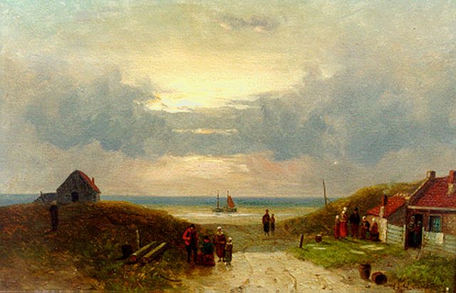 Charles Leickert | Duinopgang bij avondlicht met figuren voor huisjes, olieverf op doek, 30,2 x 46,0 cm, gesigneerd r.o.
