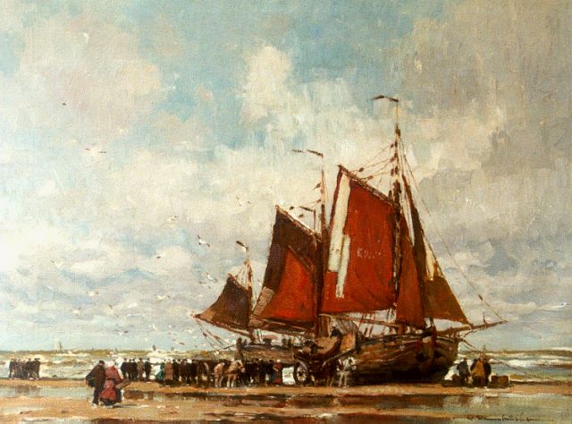 Wilhem Hambüchen | Afgemeerde bommen op het strand van Katwijk, olieverf op doek, 60,0 x 80,2 cm, gesigneerd r.o.
