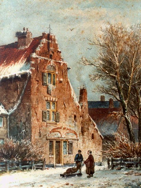 Adrianus Eversen | Stadsgezicht met twee figuren bij een slee, aquarel op papier, 27,3 x 21,3 cm, gesigneerd l.o. + verso