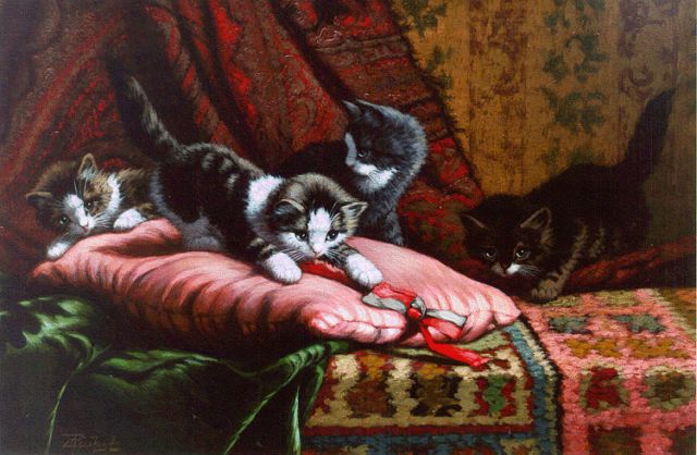 Cornelis Raaphorst | Vier spelende poesjes, olieverf op doek, 40,0 x 60,2 cm, gesigneerd l.o.