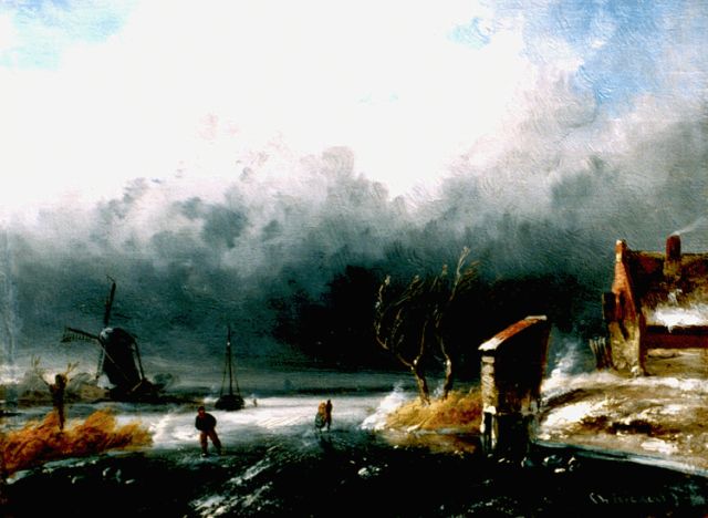 Charles Leickert | Schaatsers op een bevroren plas, olieverf op paneel, 13,3 x 17,9 cm, gesigneerd r.o.