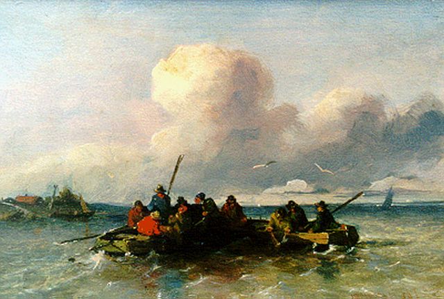 Jan Weissenbruch | Twee roeiboten op de Zuiderzee, olieverf op paneel, 14,6 x 22,0 cm, gesigneerd r.o. en gedateerd 1852