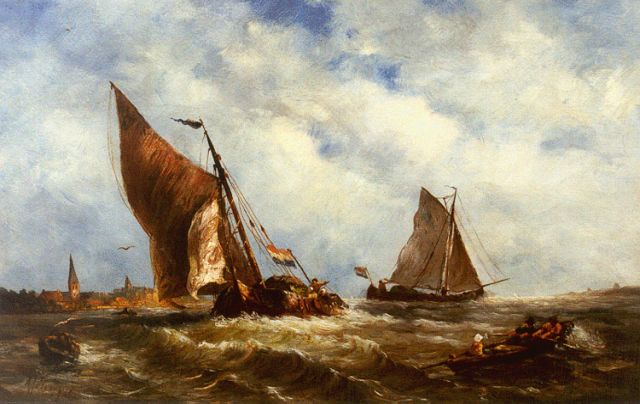 Albert Jurardus van Prooijen | Zeilschepen in een stevige bries, olieverf op paneel, 23,6 x 37,1 cm, gesigneerd l.o.