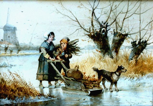 Jan Gerard Smits | Kinderen met een duwslede op het ijs, aquarel op papier, 22,9 x 32,7 cm, gesigneerd r.o.