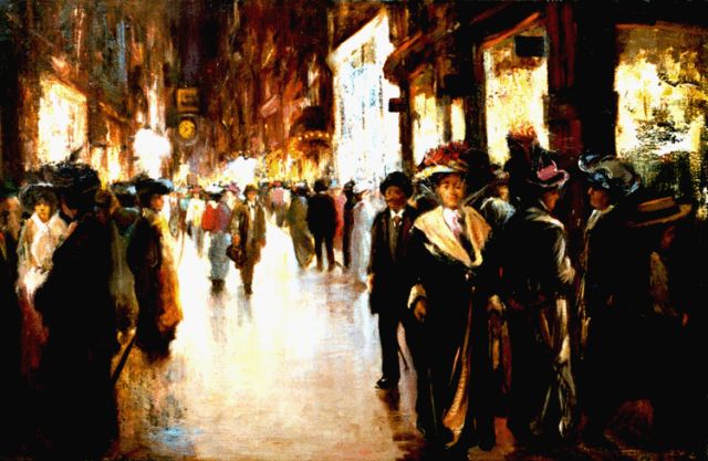 Frans Helfferich | De Venestraat in Den Haag bij avond, olieverf op doek, 65,3 x 100,5 cm