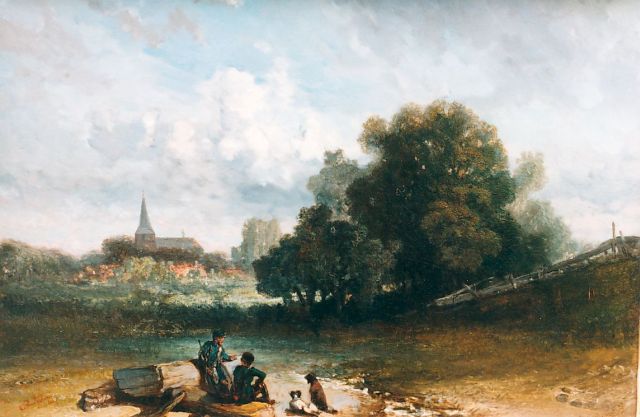 Charles Rochussen | Rustende jagers aan de oever van de rivier, olieverf op paneel, 23,8 x 35,5 cm, gesigneerd l.o. en gedateerd '40