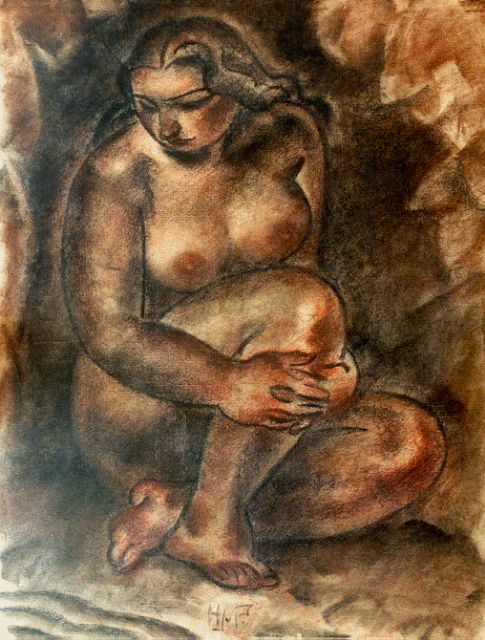 H.J. van Piggelen | Zittend naakt, pastel op papier, 613,0 x 47,0 cm, gesigneerd m.o.