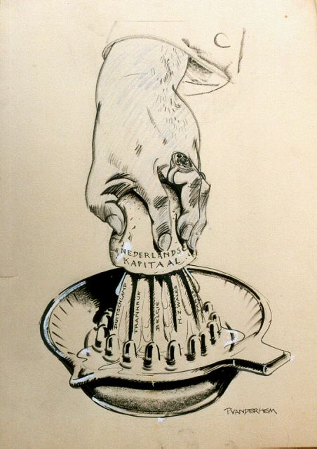 Piet van der Hem | 'Nederlandsch kapitaal' uitgeperst, aquarel, krijt en inkt op papier, 47,5 x 35,3 cm, gesigneerd r.o.