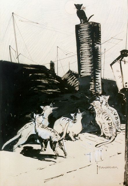 Piet van der Hem | De katers van de C.H., S.D.A.P., A.R., V.D. en V.B., aquarel, krijt en inkt op papier, 49,3 x 34,9 cm, gesigneerd r.o.