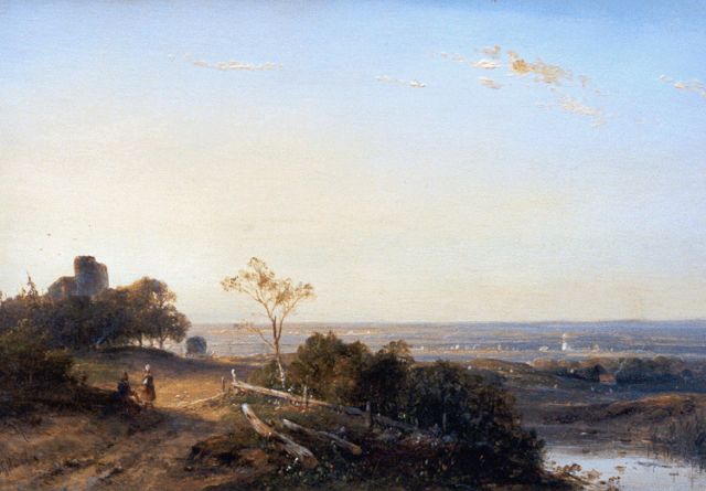 J.G. Hans | Figuren in een weids landschap met ruïne, olieverf op paneel, 25,8 x 36,8 cm, gesigneerd l.o. en gedateerd '49