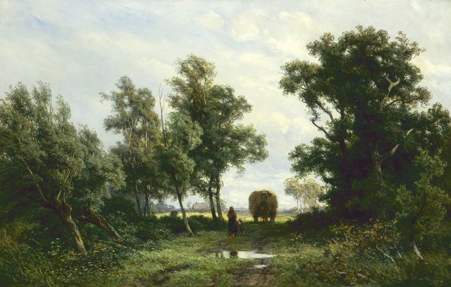 Jan Willem van Borselen | Huiswaarts na het hooien, olieverf op doek, 45,0 x 70,3 cm, gesigneerd r.o.