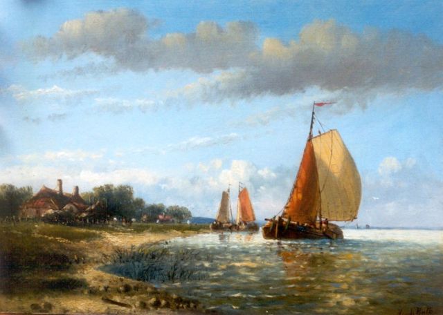 Hendrik Hulk | Zeilschepen langs een oever, olieverf op paneel, 20,7 x 28,5 cm, gesigneerd r.o.
