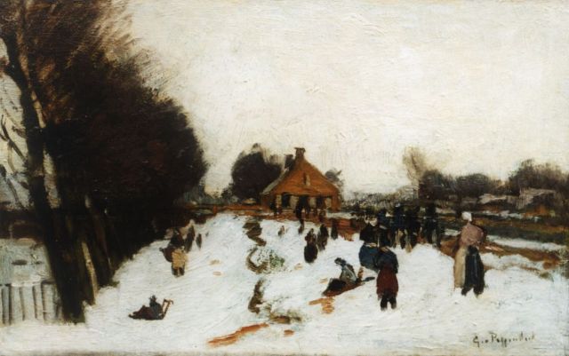 Geo Poggenbeek | Sneeuwpret, olieverf op doek op schildersboard, 21,1 x 33,0 cm, gesigneerd r.o.