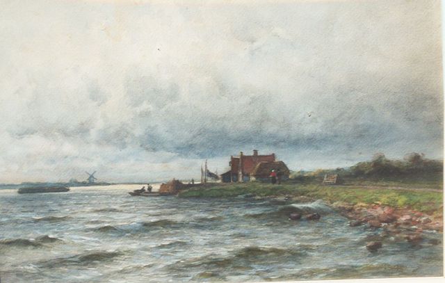 Piet Schipperus | Riviergezicht met overzetveer, aquarel op papier