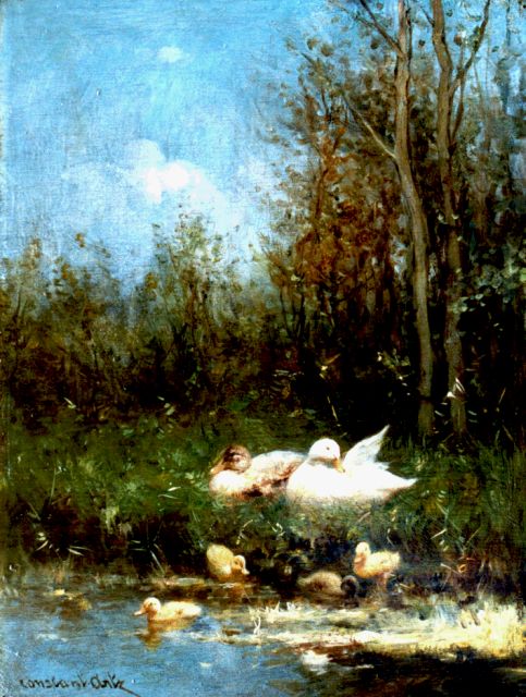 Constant Artz | Eendenfamilie aan de waterkant, olieverf op paneel, 23,7 x 17,9 cm, gesigneerd l.o.