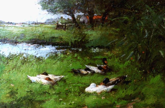 Frans Helfferich | Eenden bij een sloot, olieverf op paneel, 18,7 x 27,1 cm, gesigneerd l.o.