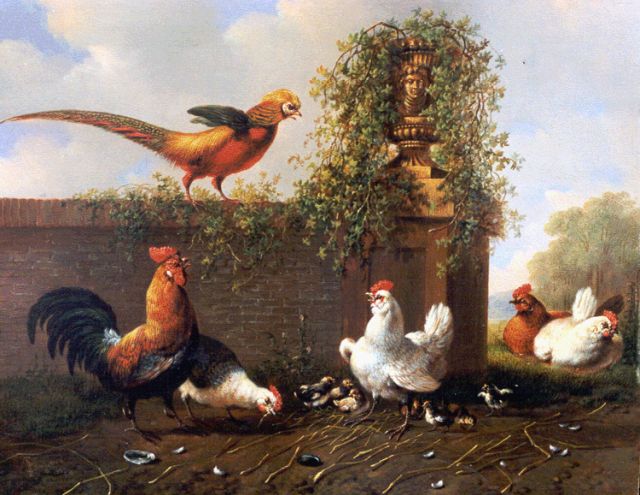 Albertus Verhoesen | Pluimvee bij een tuinvaas, olieverf op paneel, 20,8 x 25,9 cm, gesigneerd l.o. en gedateerd 1857