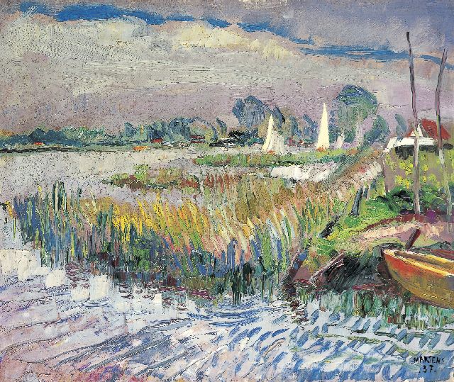 George Martens | Zeilboten op het Paterswoldsemeer (Grouw vlgs. dhr. R.Martens), olieverf op doek, 50,5 x 60,3 cm, gesigneerd r.o. en gedateerd '37