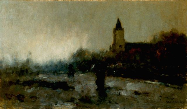 Aris Knikker | Figuren in een stad bij regenachtig weer, olieverf op paneel, 23,1 x 39,2 cm, gesigneerd r.o.