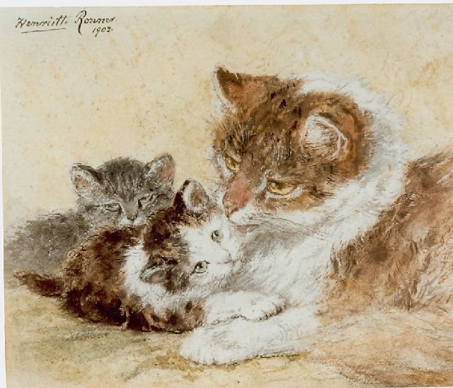 Henriette Ronner-Knip | Moederliefde, aquarel op papier, 18,5 x 22,5 cm, gesigneerd l.b. en gedateerd 1902