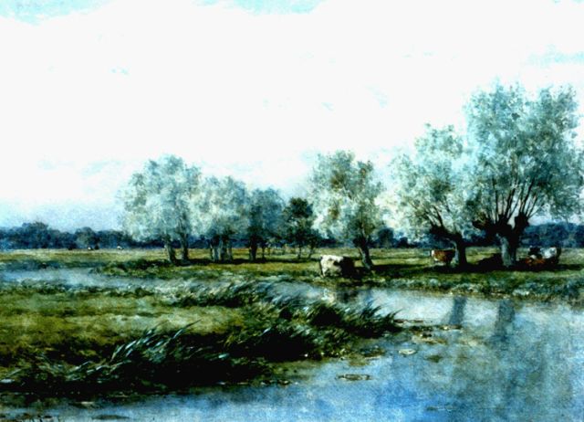 Roelofs W.  | Polderlandschap met koeien, aquarel op papier 36,3 x 49,7 cm, gesigneerd l.o.