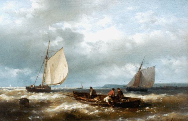 Abraham Hulk | Zeilschepen voor de kust, olieverf op doek, 20,4 x 30,6 cm, gesigneerd r.o.