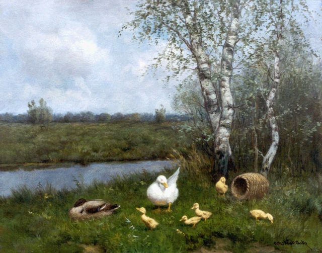 Constant Artz | Eendenfamilie aan de slootkant, olieverf op doek, 40,0 x 50,3 cm, gesigneerd r.o.