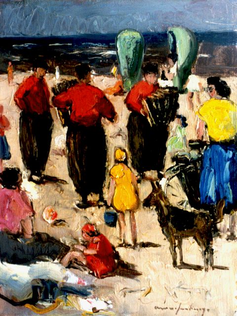 Arie Wassenburg | Volendams accordeonorkestje op het Scheveningse strand, 24,0 x 18,0 cm, gesigneerd r.o.