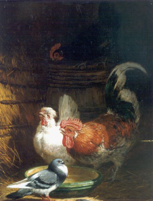 Henriette Ronner-Knip | Kippen en duif bij een drinkbak, olieverf op paneel, 40,1 x 31,4 cm, gesigneerd r.o.