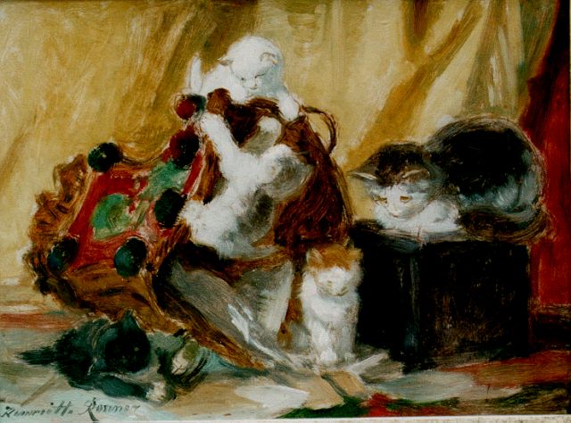 Henriette Ronner-Knip | Moederpoes en haar vier spelende jongen, 25,5 x 34,5 cm, gesigneerd l.o.