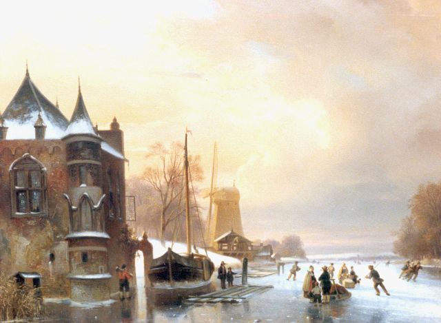 Nicolaas Roosenboom | IJsvermaak bij avondschemer, olieverf op paneel, 49,5 x 63,0 cm, gesigneerd l.o.