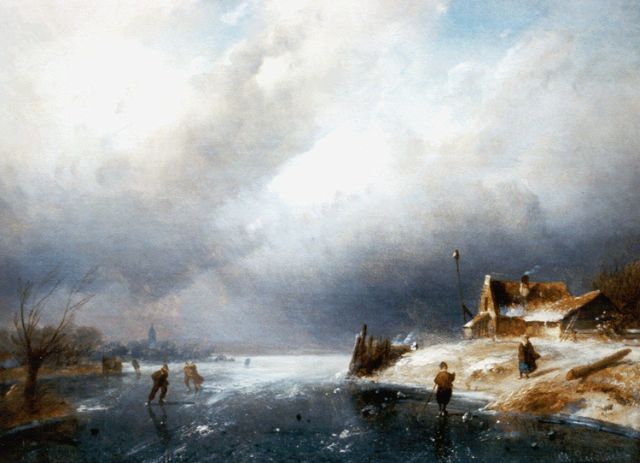 Charles Leickert | IJsgezicht met schaatsers, olieverf op paneel, 23,6 x 31,7 cm, gesigneerd r.o.