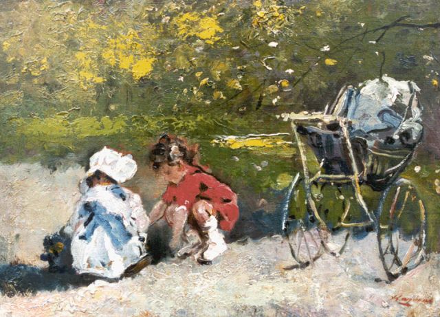 Raffaele Ragione | Spelende kinderen met kinderwagen in een park, olieverf op doek, 29,0 x 39,7 cm, gesigneerd r.o.