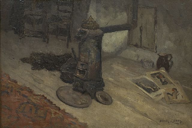 Henk Leurs | Interieur met potkachel, olieverf op doek, 40,6 x 60,5 cm, gesigneerd r.o.