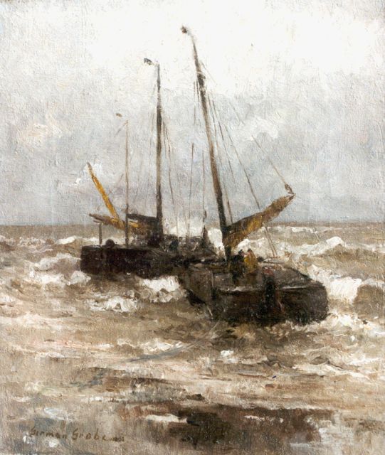 German Grobe | Bommen voor de kust, olieverf op doek, 40,8 x 34,6 cm, gesigneerd l.o.