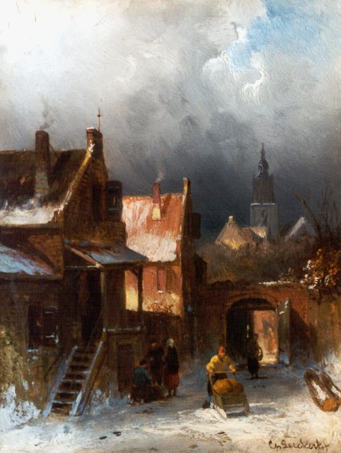 Charles Leickert | Besneeuwd straatje met figuren, olieverf op paneel, 20,6 x 15,7 cm, gesigneerd r.o.