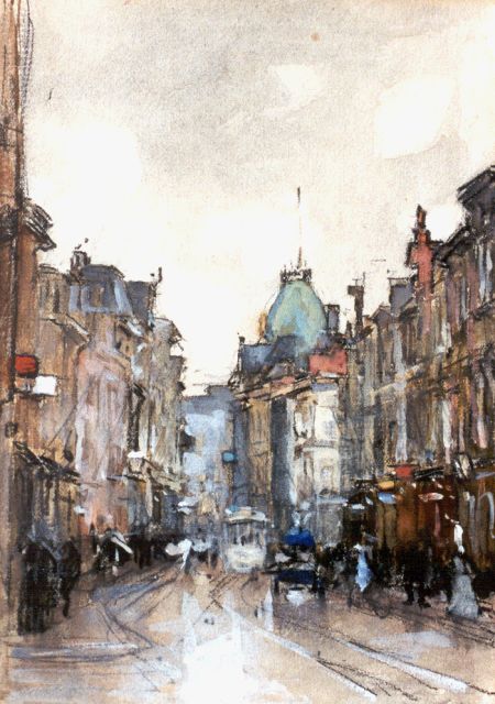 Floris Arntzenius | Gezicht in de Gravenstraat, Den Haag, zwart krijt en aquarel op papier, 20,1 x 14,8 cm, gesigneerd r.o.