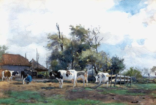 Adriaan Groenewegen | Melktijd, aquarel op papier, 25,7 x 36,0 cm, gesigneerd l.o.